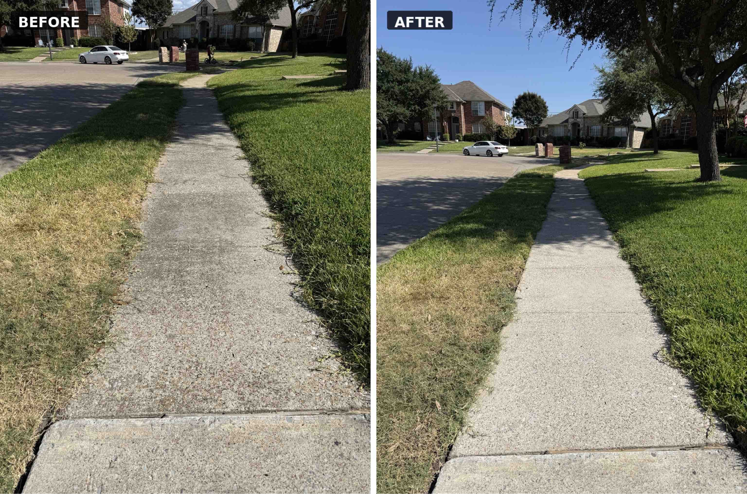 Rowlett sidewalk before and after Post & Stone pressure washing