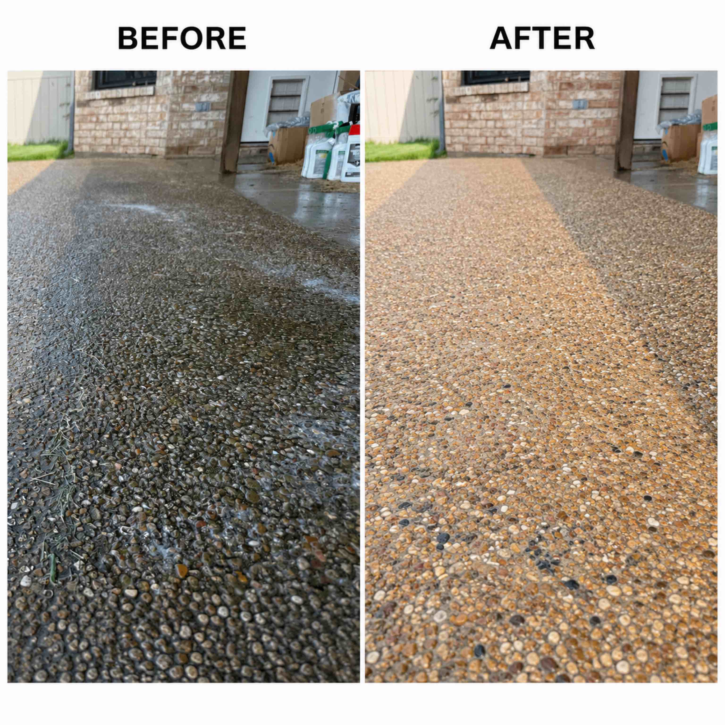 Post & Stone — Aggregate walkway detail (before and after)