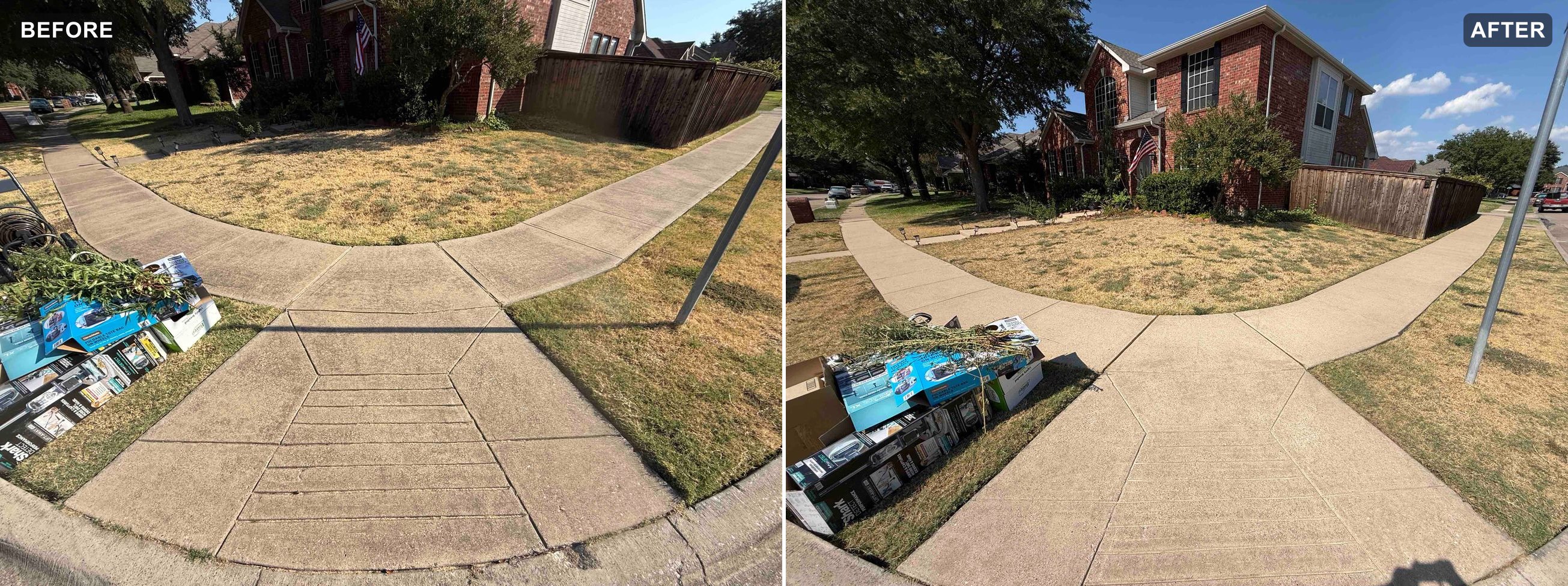 Post & Stone — Wraparound corner walkway (before and after)
